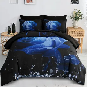 Floral Comforter King Blue Bed in a Bag Rose Water Droplets Design 7PCs Comforter Set Soft Micorfiber Bedding Set (1 Comforter,2 Pillow Shams,1 Flat Sheet,1 Fitted Sheet,2 Pillowcases)