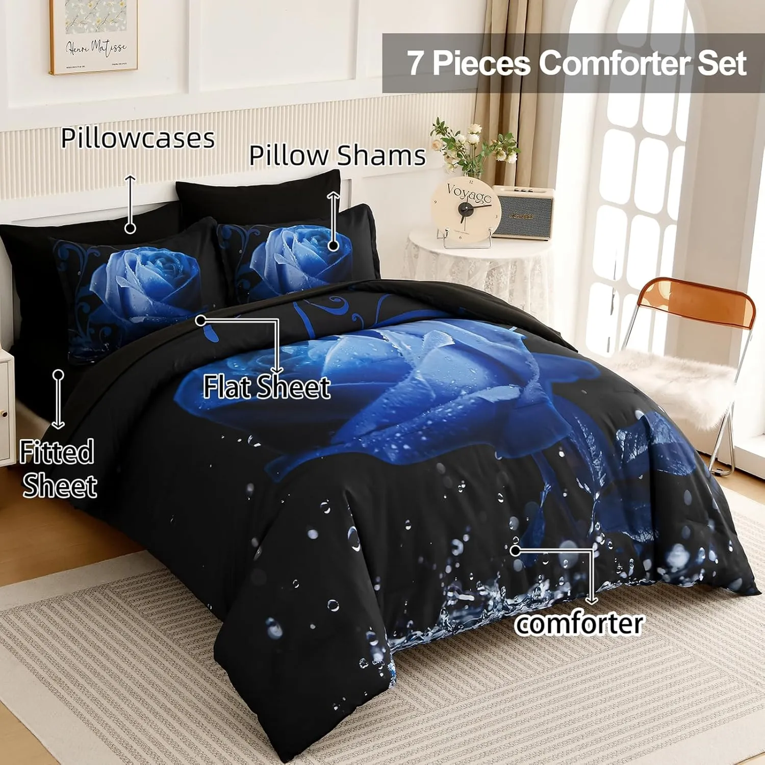 Floral Comforter King Blue Bed in a Bag Rose Water Droplets Design 7PCs Comforter Set Soft Micorfiber Bedding Set (1 Comforter,2 Pillow Shams,1 Flat Sheet,1 Fitted Sheet,2 Pillowcases)