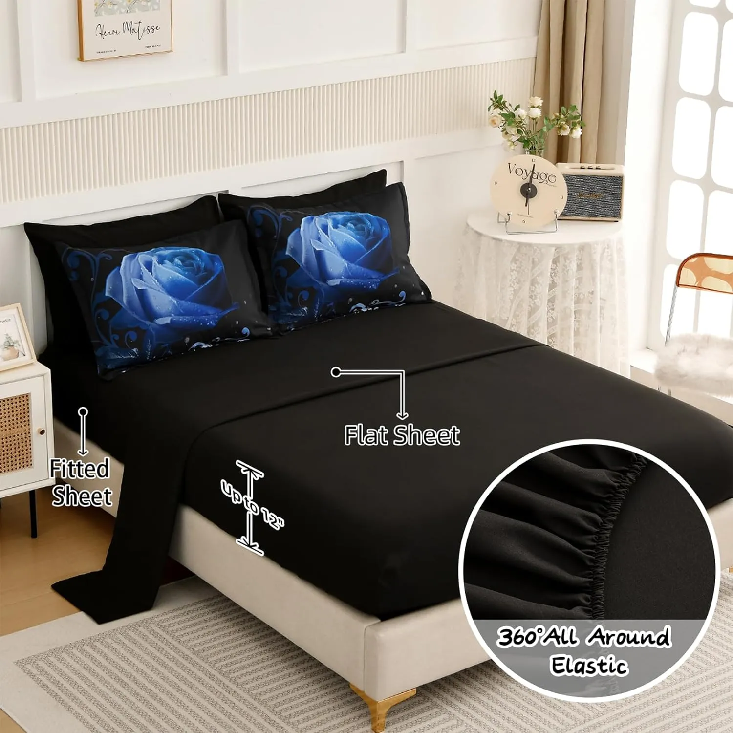 Floral Comforter King Blue Bed in a Bag Rose Water Droplets Design 7PCs Comforter Set Soft Micorfiber Bedding Set (1 Comforter,2 Pillow Shams,1 Flat Sheet,1 Fitted Sheet,2 Pillowcases)