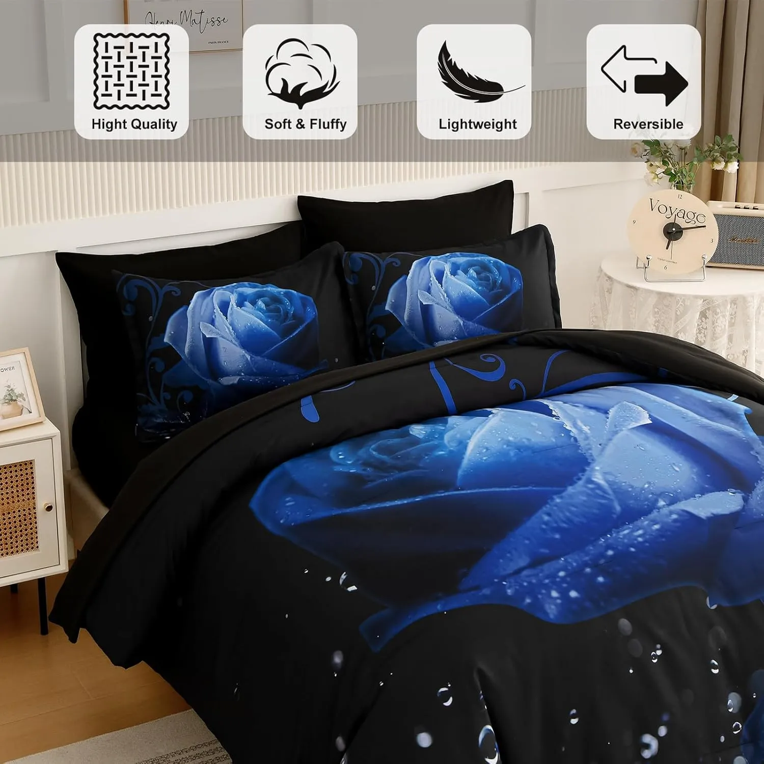 Floral Comforter King Blue Bed in a Bag Rose Water Droplets Design 7PCs Comforter Set Soft Micorfiber Bedding Set (1 Comforter,2 Pillow Shams,1 Flat Sheet,1 Fitted Sheet,2 Pillowcases)
