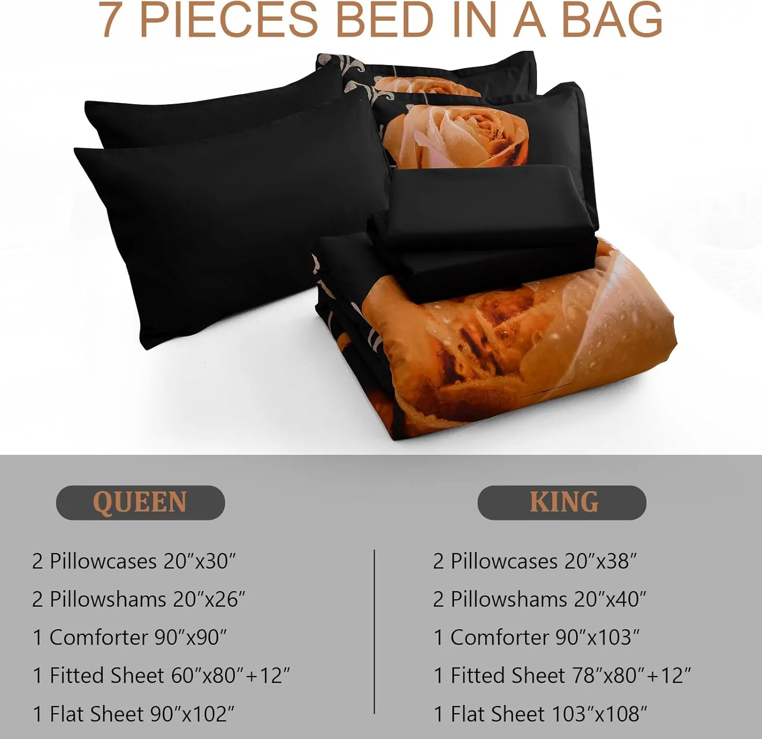 Floral Comforter Set King 7 Piece Bed in a Bag Orange Rose Flower Comforter with Sheet Set Soft Micorfiber Bedding Set (1 Comforter,2 Pillow Shams,1 Flat Sheet,1 Fitted Sheet,2 Pillowcases)