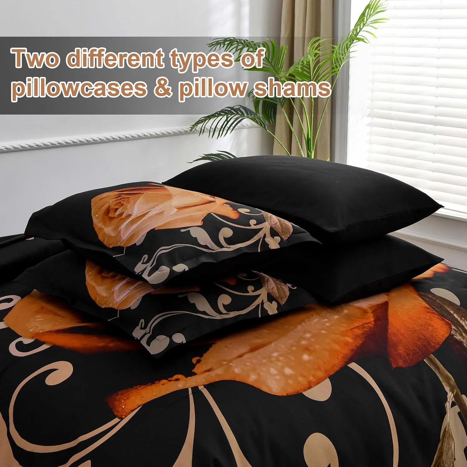 Floral Comforter Set King 7 Piece Bed in a Bag Orange Rose Flower Comforter with Sheet Set Soft Micorfiber Bedding Set (1 Comforter,2 Pillow Shams,1 Flat Sheet,1 Fitted Sheet,2 Pillowcases)