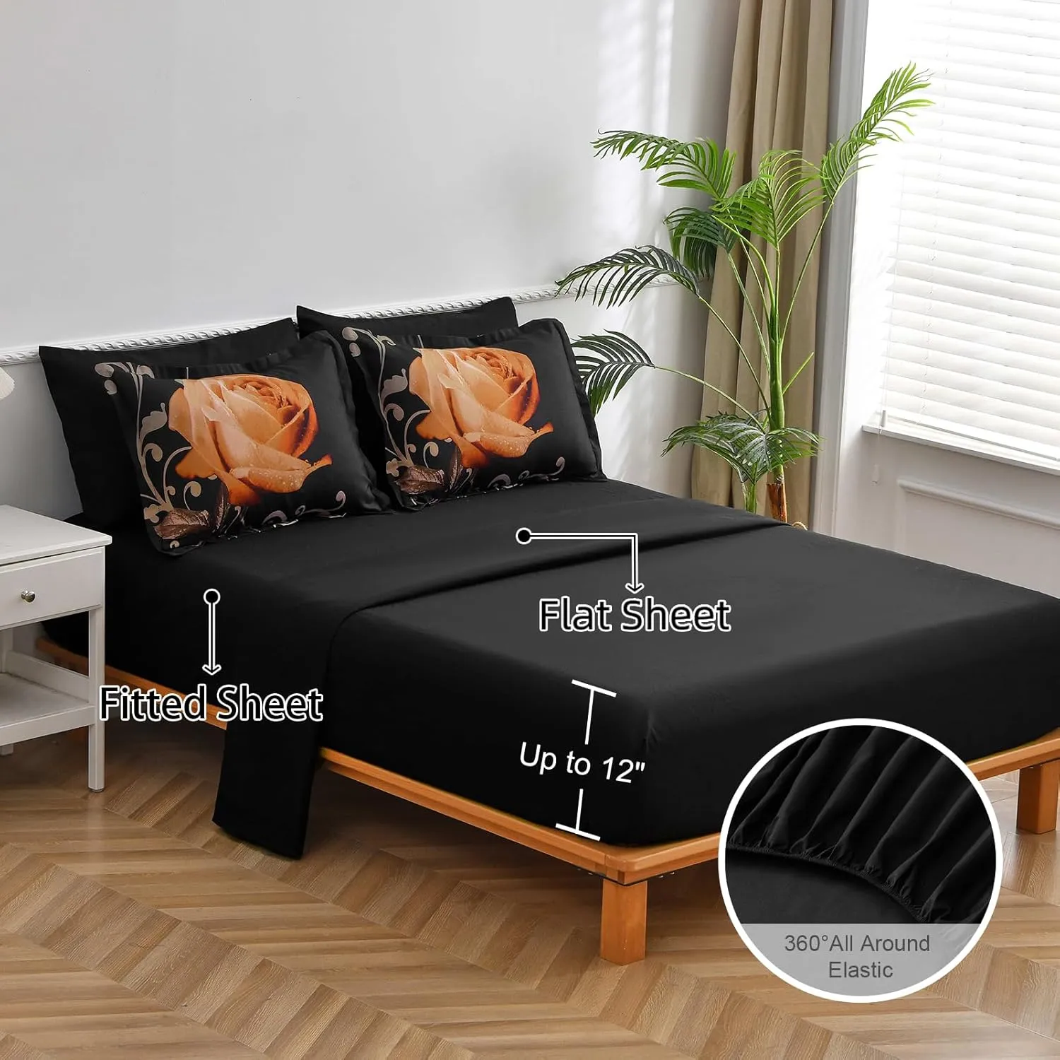 Floral Comforter Set King 7 Piece Bed in a Bag Orange Rose Flower Comforter with Sheet Set Soft Micorfiber Bedding Set (1 Comforter,2 Pillow Shams,1 Flat Sheet,1 Fitted Sheet,2 Pillowcases)