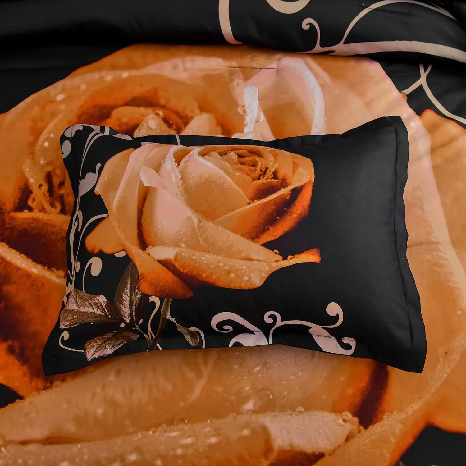 Floral Comforter Set King 7 Piece Bed in a Bag Orange Rose Flower Comforter with Sheet Set Soft Micorfiber Bedding Set (1 Comforter,2 Pillow Shams,1 Flat Sheet,1 Fitted Sheet,2 Pillowcases)