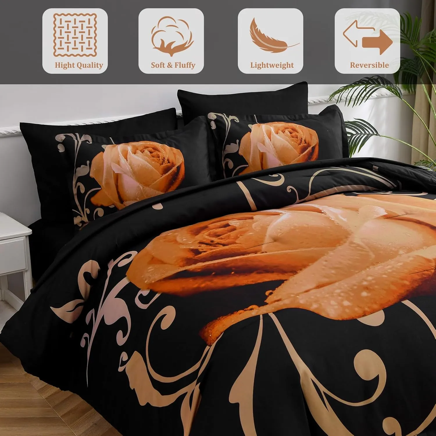 Floral Comforter Set King 7 Piece Bed in a Bag Orange Rose Flower Comforter with Sheet Set Soft Micorfiber Bedding Set (1 Comforter,2 Pillow Shams,1 Flat Sheet,1 Fitted Sheet,2 Pillowcases)