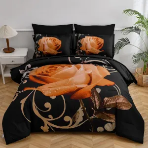 Floral Comforter Set King 7 Piece Bed in a Bag Orange Rose Flower Comforter with Sheet Set Soft Micorfiber Bedding Set (1 Comforter,2 Pillow Shams,1 Flat Sheet,1 Fitted Sheet,2 Pillowcases)