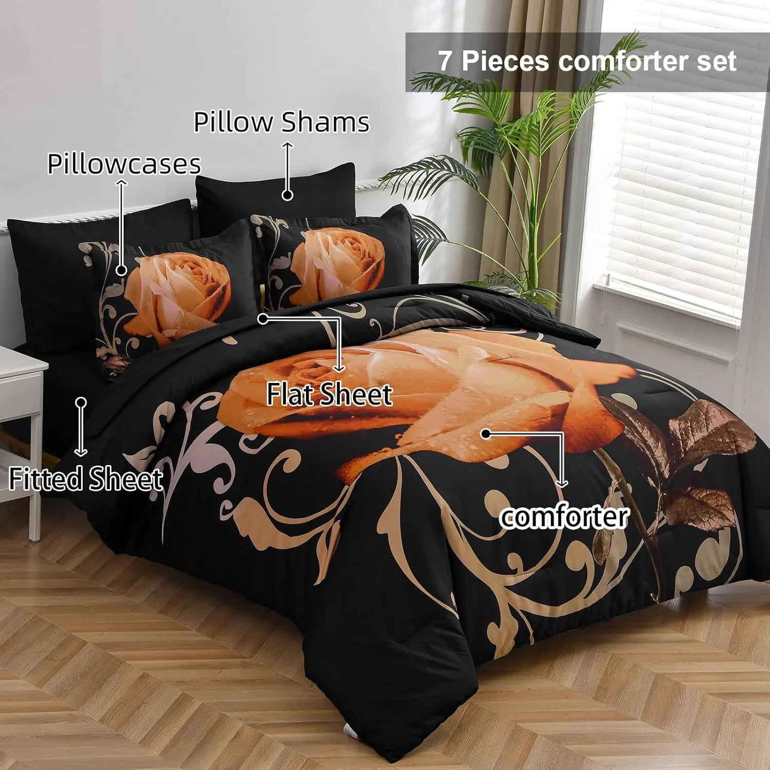 Floral Comforter Set King 7 Piece Bed in a Bag Orange Rose Flower Comforter with Sheet Set Soft Micorfiber Bedding Set (1 Comforter,2 Pillow Shams,1 Flat Sheet,1 Fitted Sheet,2 Pillowcases)