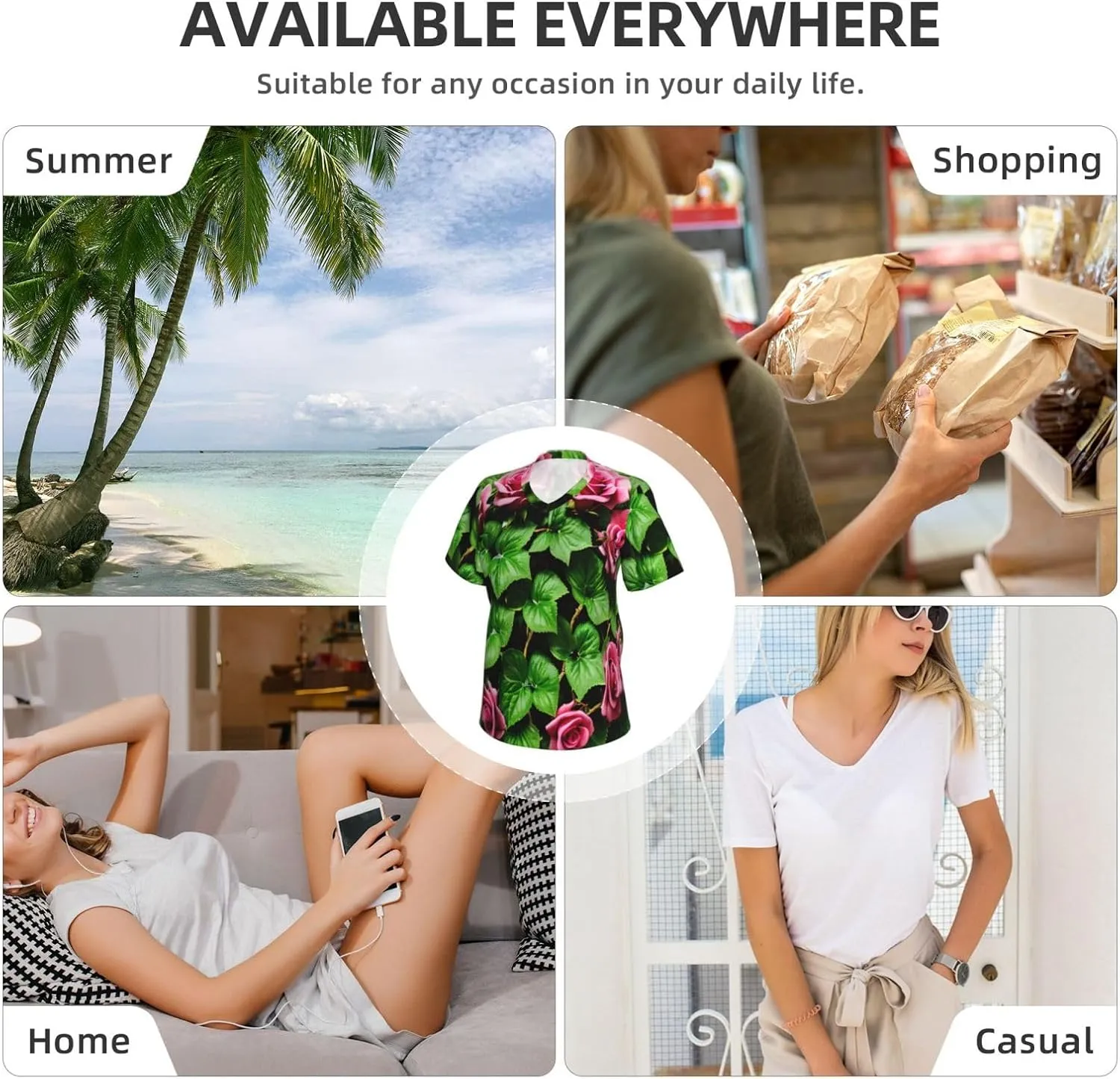 Floral Rose Ivy with Leaves Spring Print Stylish Women Classic V Neck T Shirt Soft Short Sleeve Tee for Casual Outings