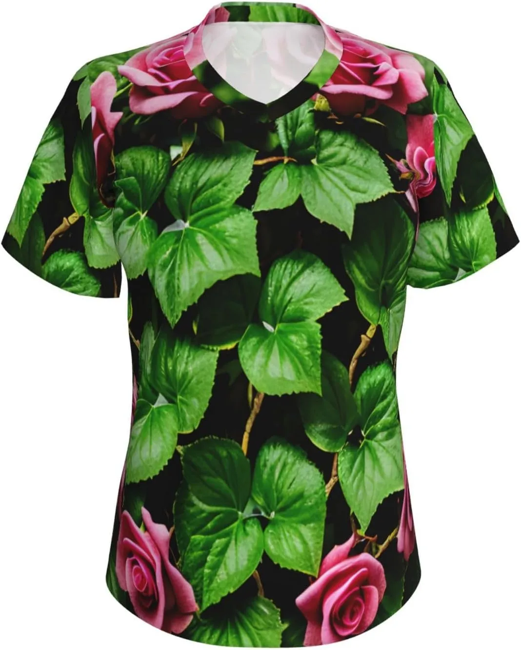 Floral Rose Ivy with Leaves Spring Print Stylish Women Classic V Neck T Shirt Soft Short Sleeve Tee for Casual Outings