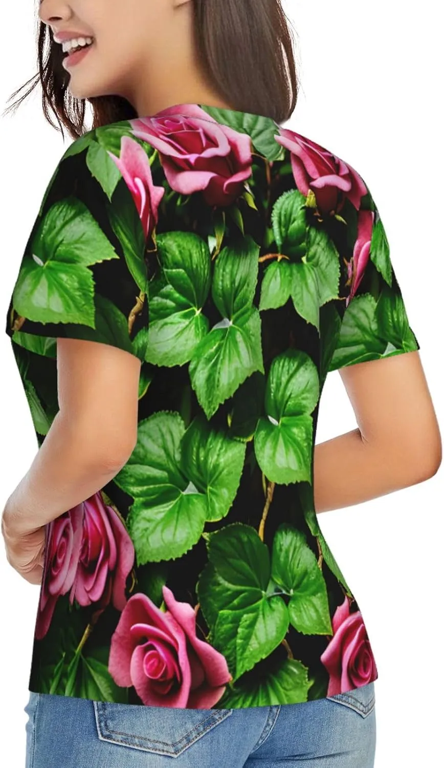 Floral Rose Ivy with Leaves Spring Print Stylish Women Classic V Neck T Shirt Soft Short Sleeve Tee for Casual Outings