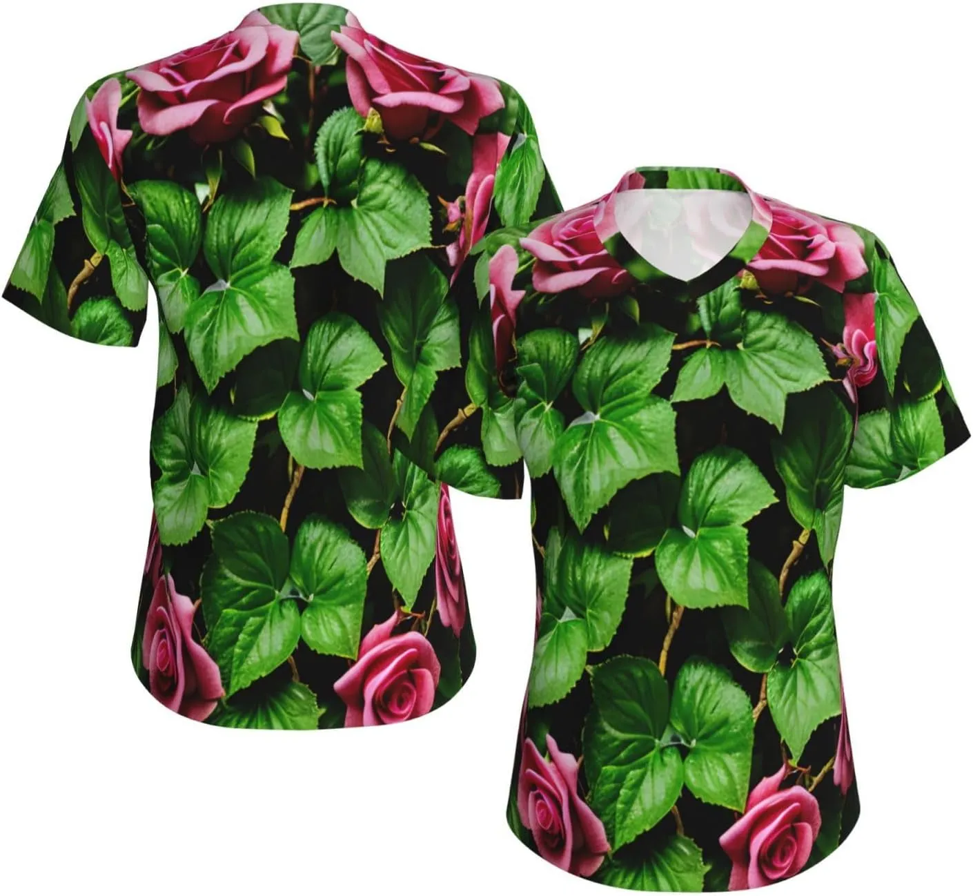 Floral Rose Ivy with Leaves Spring Print Stylish Women Classic V Neck T Shirt Soft Short Sleeve Tee for Casual Outings