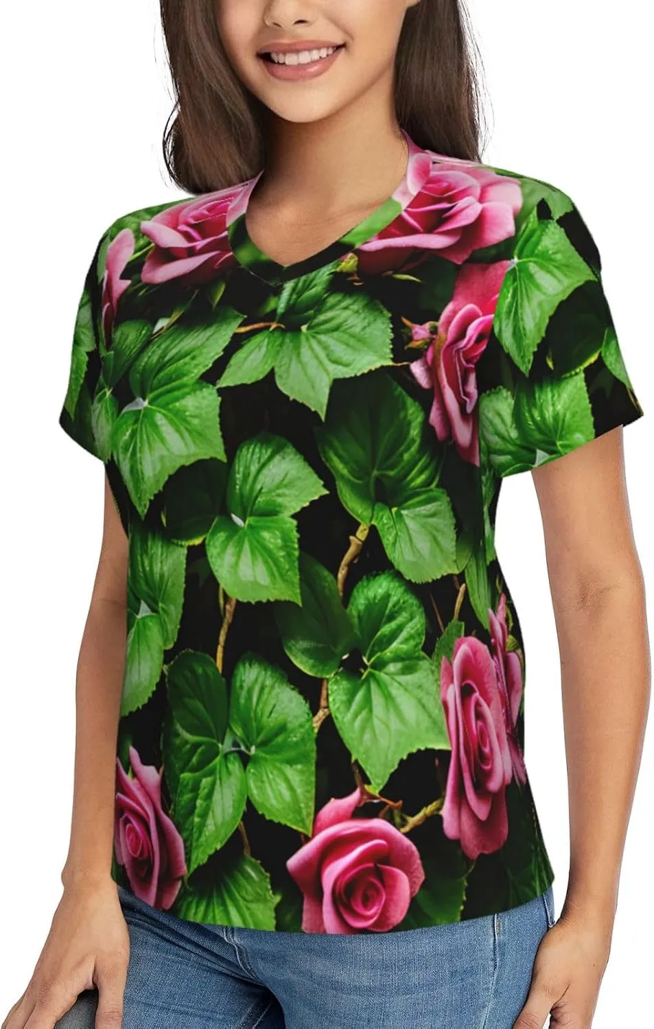 Floral Rose Ivy with Leaves Spring Print Stylish Women Classic V Neck T Shirt Soft Short Sleeve Tee for Casual Outings