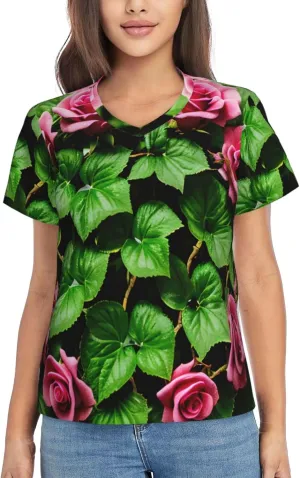 Floral Rose Ivy with Leaves Spring Print Stylish Women Classic V Neck T Shirt Soft Short Sleeve Tee for Casual Outings