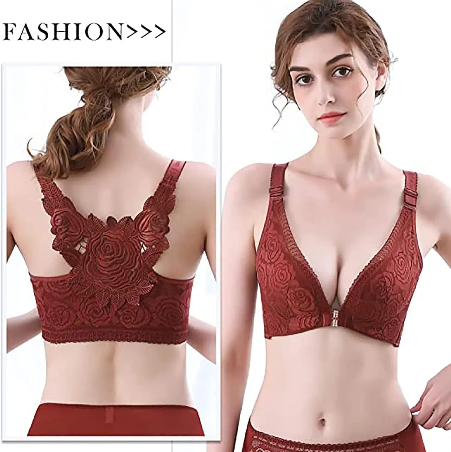 Floral Secrets Comfort Rose Bra, Front Closure Lace Comfy No Wire Bras Push Up Wire-Free & Seamless Bra