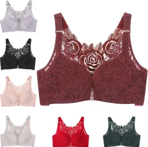 Floral Secrets Comfort Rose Bra, Front Closure Lace Comfy No Wire Bras Push Up Wire-Free & Seamless Bra