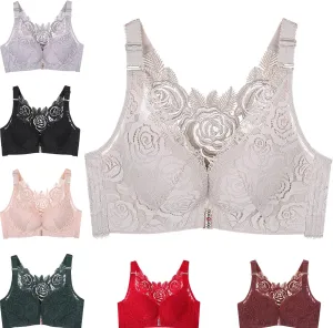 Floral Secrets Comfort Rose Bra, Front Closure Lace Comfy No Wire Bras Push Up Wire-Free & Seamless Bra