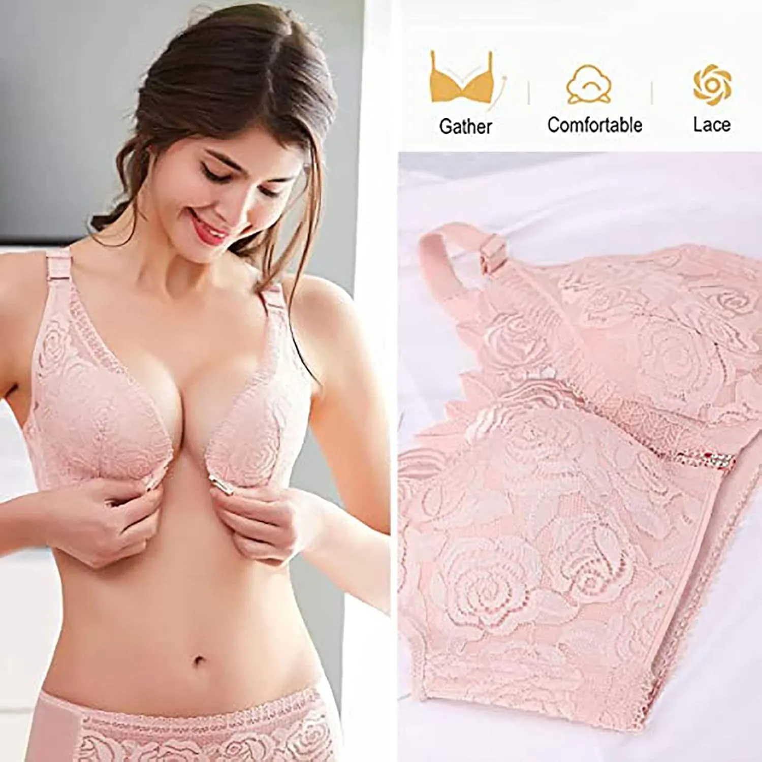 Floral Secrets Comfort Rose Bra, Front Closure Lace Comfy No Wire Bras Push Up Wire-Free & Seamless Bra