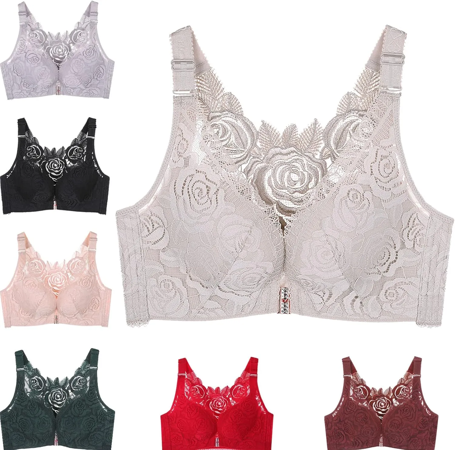 Floral Secrets Comfort Rose Bra, Front Closure Lace Comfy No Wire Bras Push Up Wire-Free & Seamless Bra