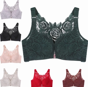 Floral Secrets Comfort Rose Bra, Front Closure Lace Comfy No Wire Bras Push Up Wire-Free & Seamless Bra
