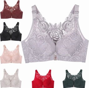 Floral Secrets Comfort Rose Bra, Front Closure Lace Comfy No Wire Bras Push Up Wire-Free & Seamless Bra