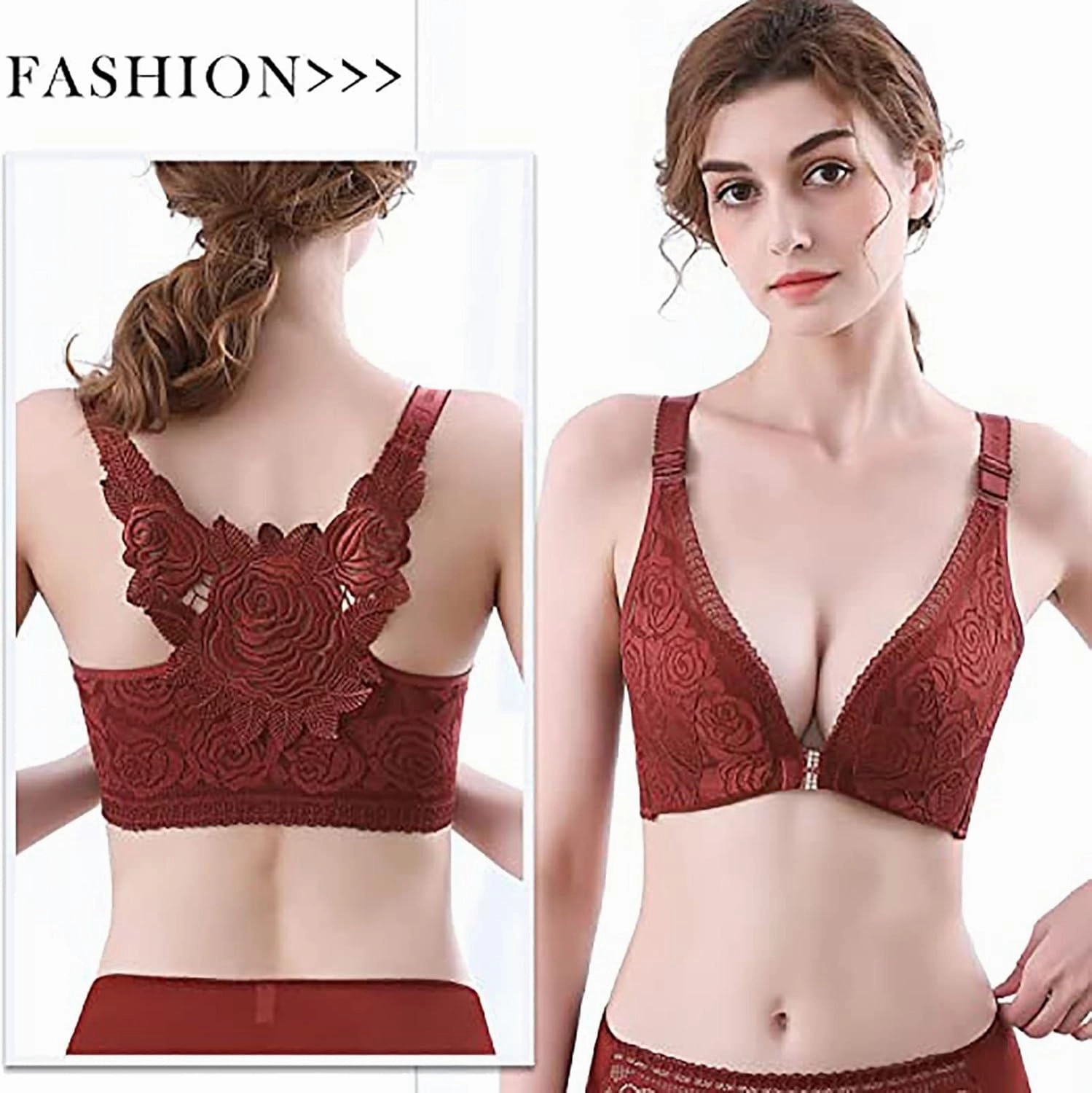 Floral Secrets Comfort Rose Bra, Front Closure Lace Comfy No Wire Bras Push Up Wire-Free & Seamless Bra