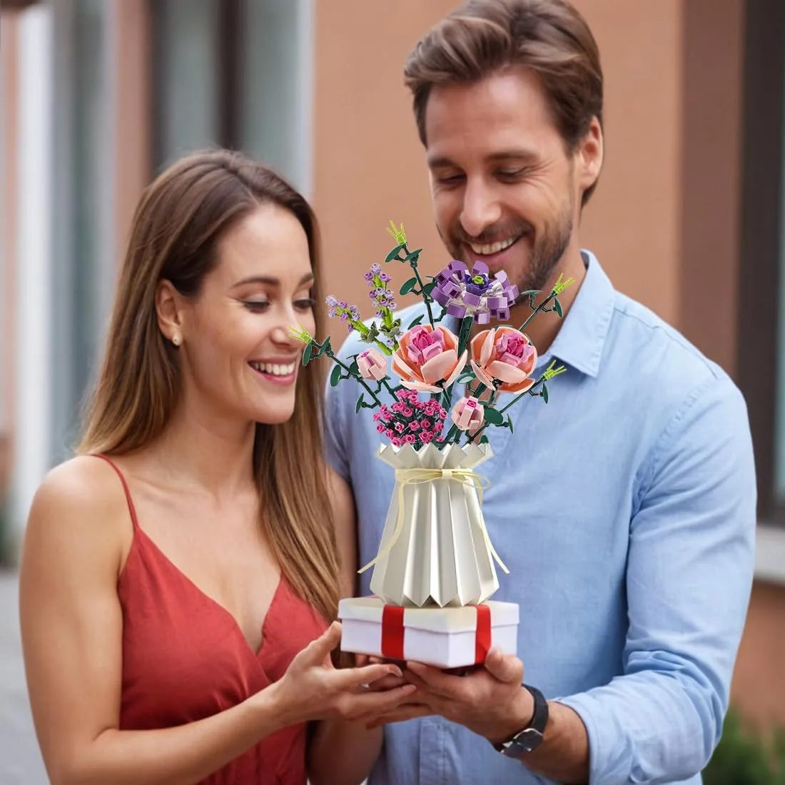 Flower Bouquet Building Blocks Sets Pink Rose Bricks with Vase Creative Toys Kits Mother's Day Birthday for Adults Mom Women Girlfriends Old Kids 6-12 8-12 (413PCS)