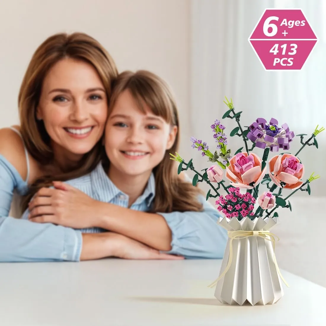 Flower Bouquet Building Blocks Sets Pink Rose Bricks with Vase Creative Toys Kits Mother's Day Birthday for Adults Mom Women Girlfriends Old Kids 6-12 8-12 (413PCS)