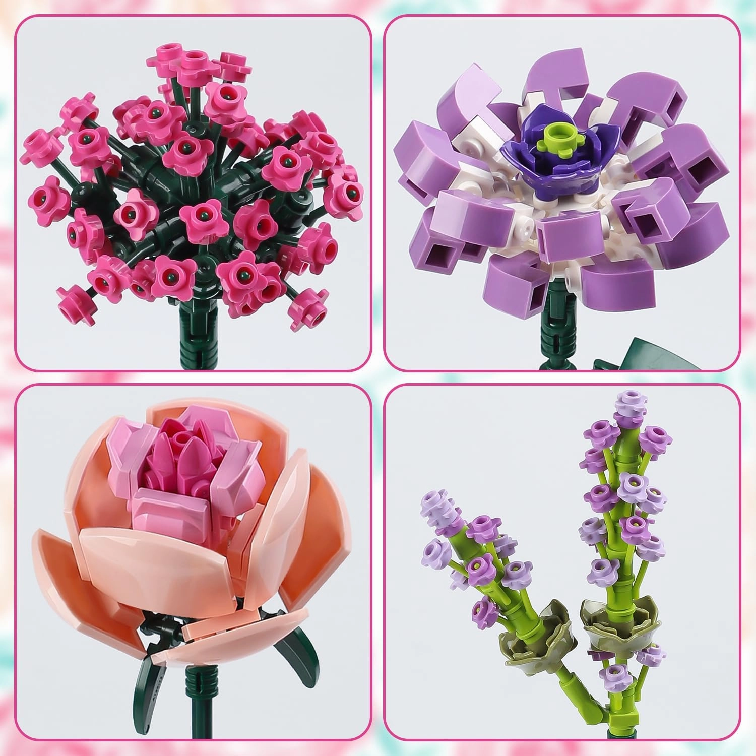 Flower Bouquet Building Blocks Pink Rose Botanical Collection Bricks Sets Creative Toys Kits Mother's Day Birthday for Adults Mom Girlfriends Old Kids 8-12, 6-12 (413PCS)