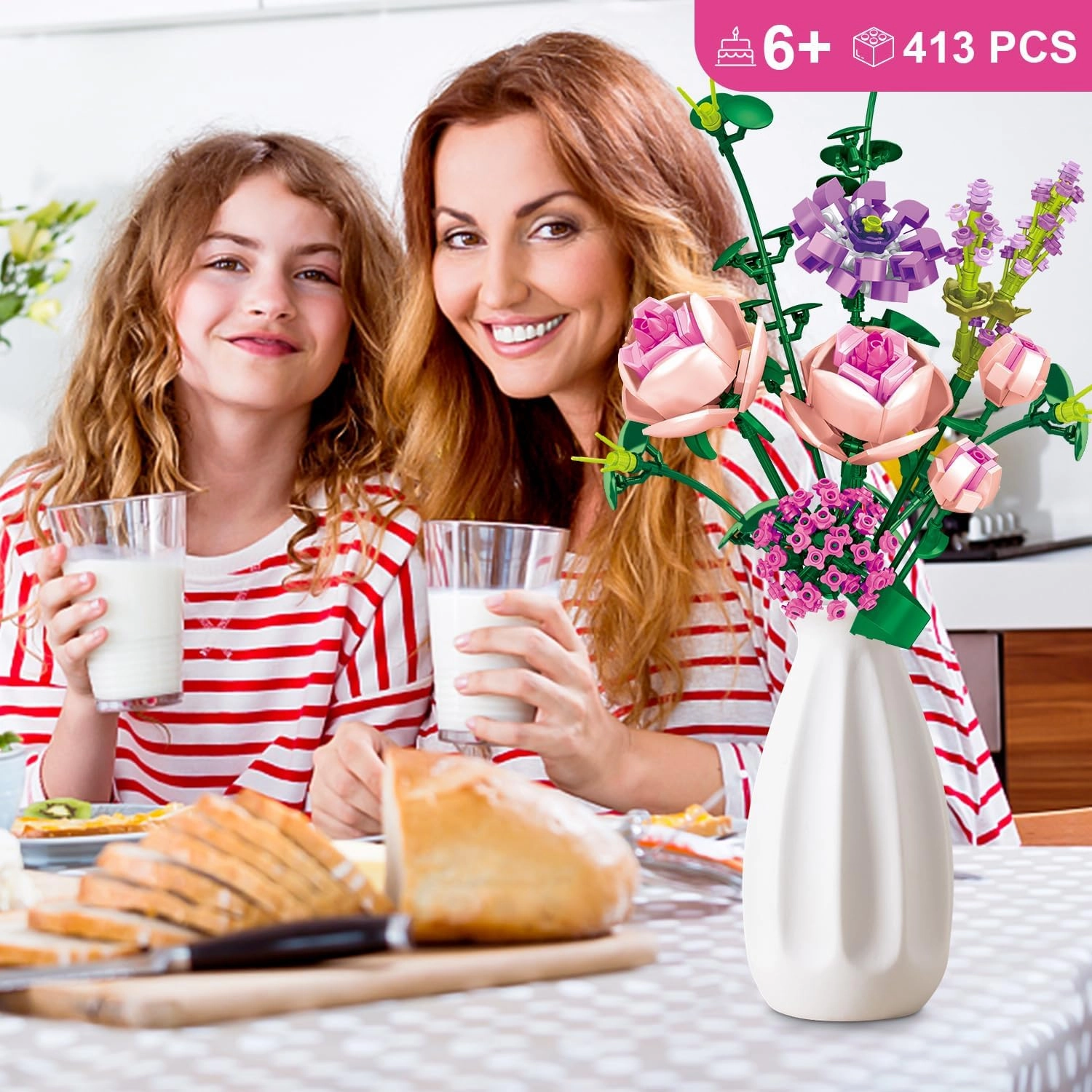 Flower Bouquet Building Blocks Pink Rose Botanical Collection Bricks Sets Creative Toys Kits Mother's Day Birthday for Adults Mom Girlfriends Old Kids 8-12, 6-12 (413PCS)