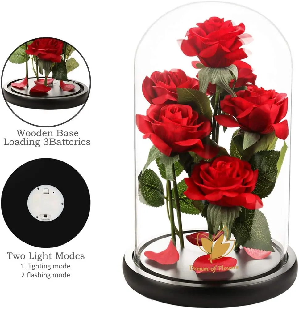 Flowers Gifts for Mom,Birthday Gifts for Women,Beauty and The Beast Rose Gifts,Artificial Silk Rose Flowers Preserved Forever in Glass Dome,Mothers Day Flower Roses Gifts for Mom Wife Girlfriend