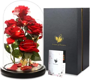 Flowers Gifts for Mom,Birthday Gifts for Women,Beauty and The Beast Rose Gifts,Artificial Silk Rose Flowers Preserved Forever in Glass Dome,Mothers Day Flower Roses Gifts for Mom Wife Girlfriend