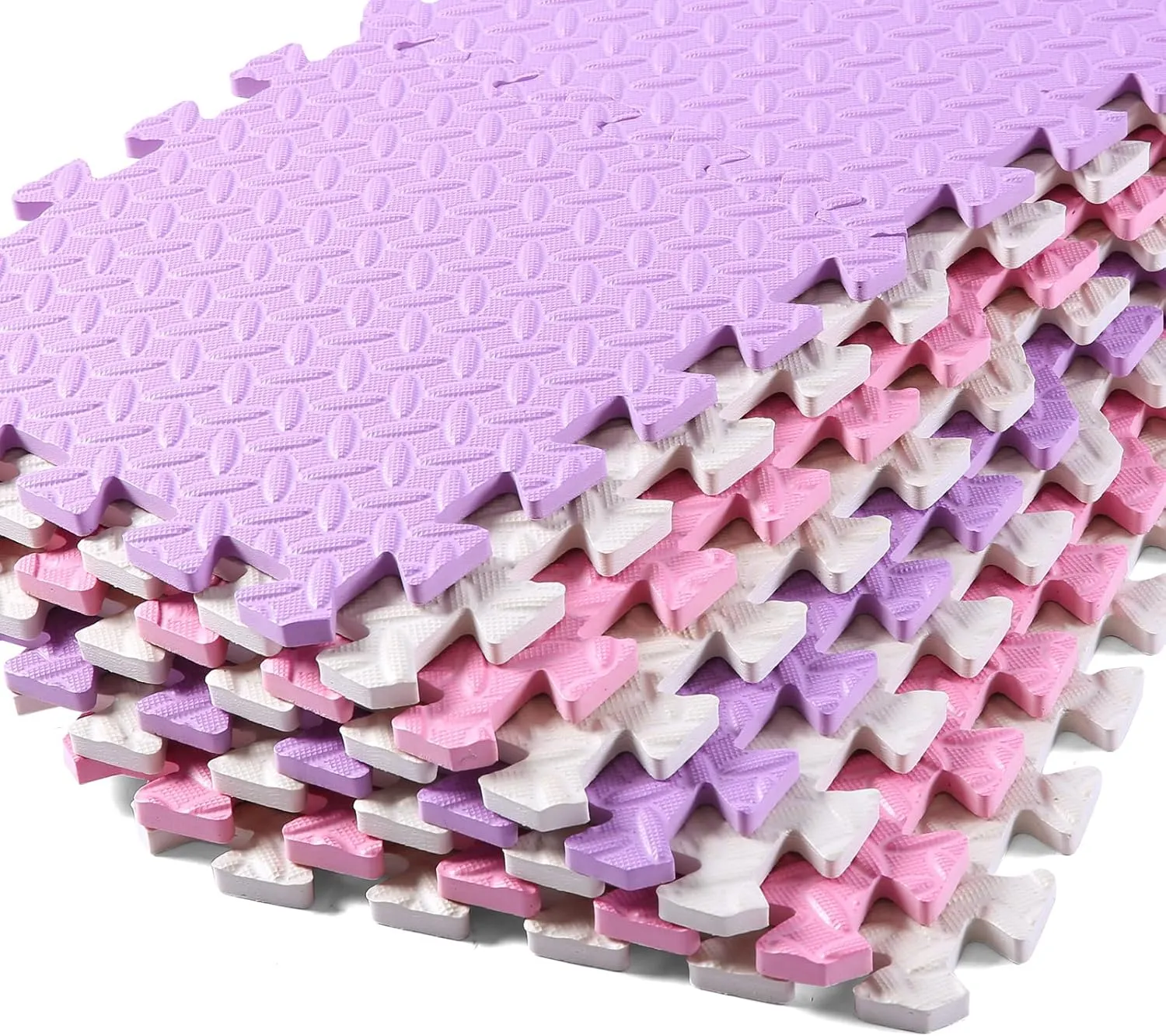 Foam Floor Mats for Kids, 12 x 12 Inch 16 Tiles 0.4" Thickness Foam Play Mat, Non-Toxic Square Interlocking Floor Mats Rubber Baby Play Mat for Toddlers(White/Pink/Purple)
