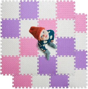 Foam Floor Mats for Kids, 12 x 12 Inch 16 Tiles 0.4" Thickness Foam Play Mat, Non-Toxic Square Interlocking Floor Mats Rubber Baby Play Mat for Toddlers(White/Pink/Purple)