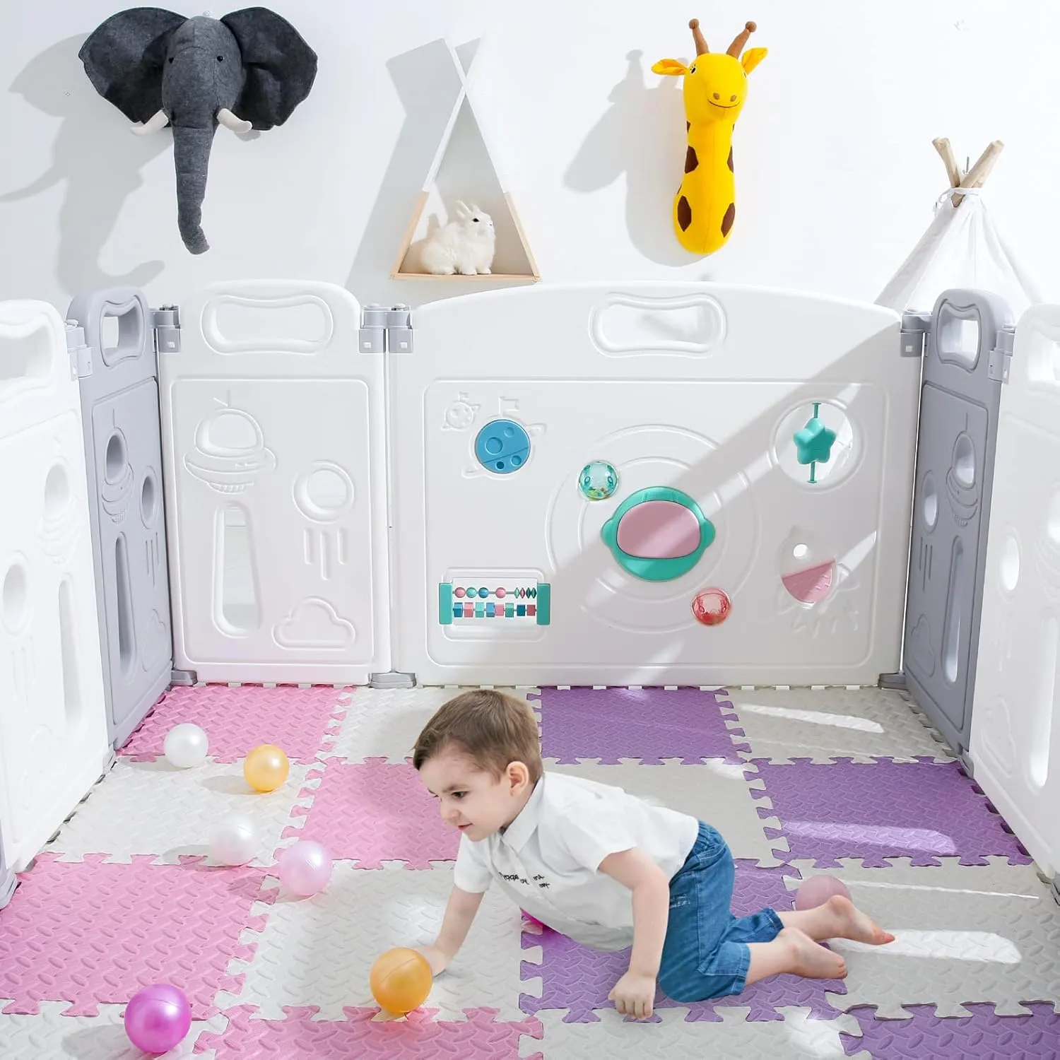 Foam Floor Mats for Kids, 12 x 12 Inch 16 Tiles 0.4" Thickness Foam Play Mat, Non-Toxic Square Interlocking Floor Mats Rubber Baby Play Mat for Toddlers(White/Pink/Purple)