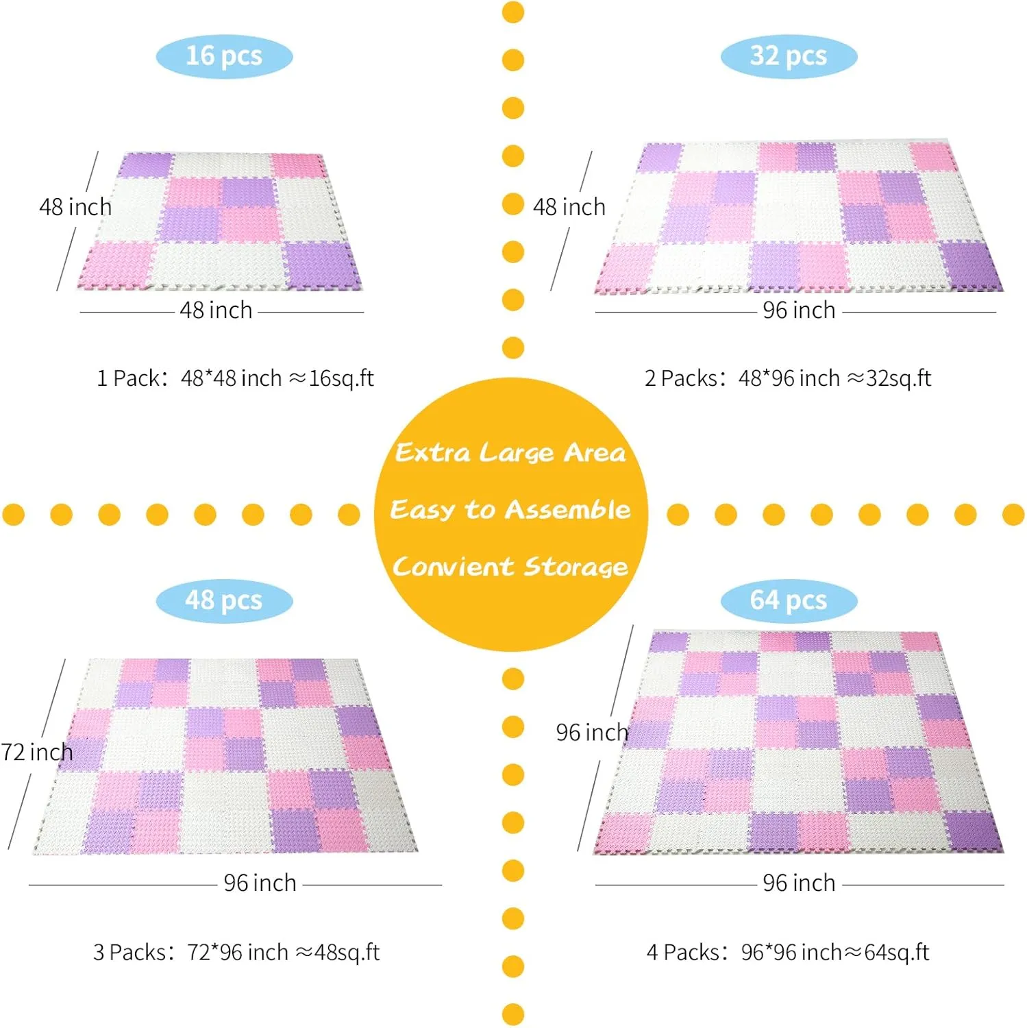 Foam Floor Mats for Kids, 12 x 12 Inch 16 Tiles 0.4" Thickness Foam Play Mat, Non-Toxic Square Interlocking Floor Mats Rubber Baby Play Mat for Toddlers(White/Pink/Purple)
