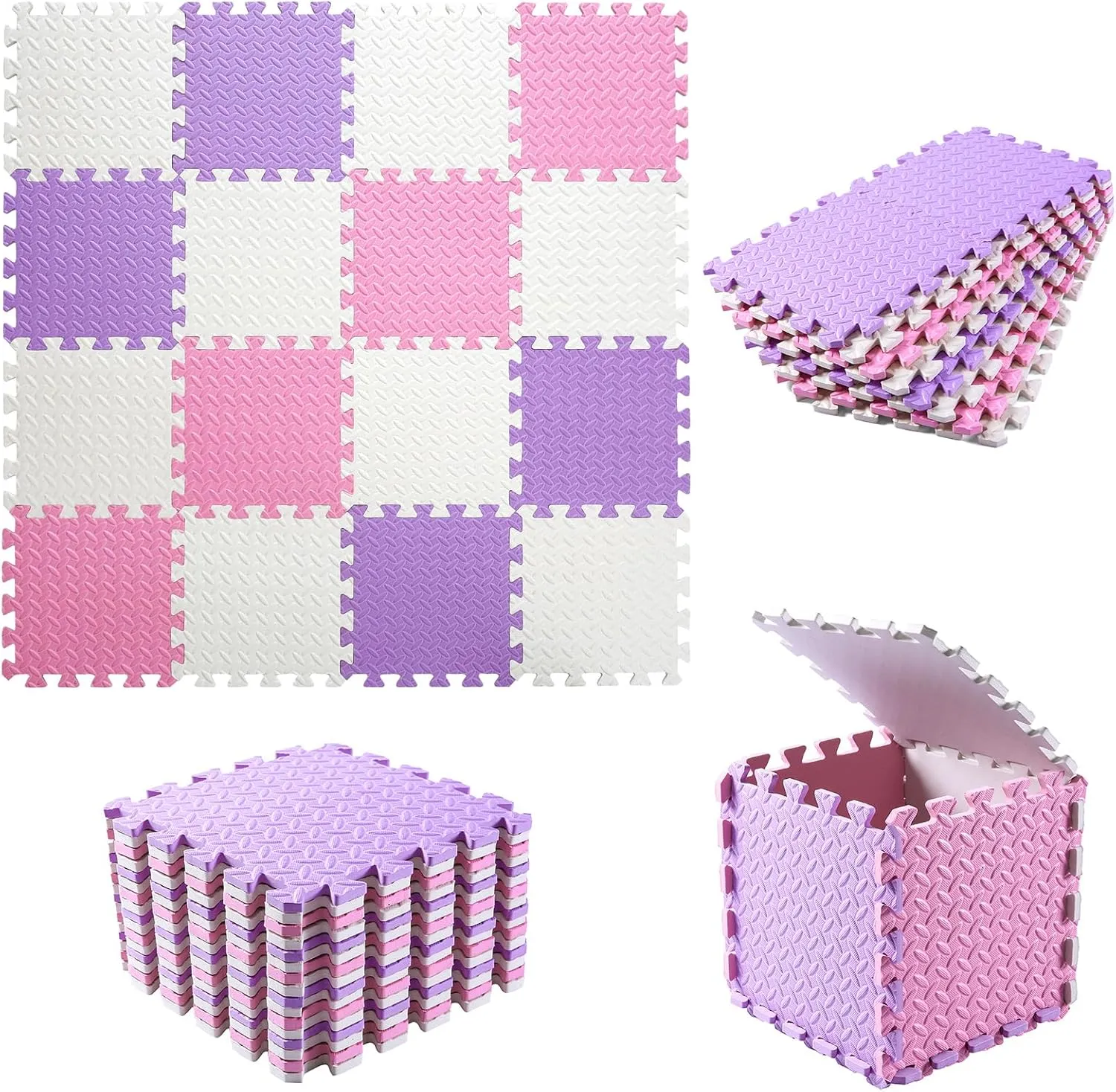 Foam Floor Mats for Kids, 12 x 12 Inch 16 Tiles 0.4" Thickness Foam Play Mat, Non-Toxic Square Interlocking Floor Mats Rubber Baby Play Mat for Toddlers(White/Pink/Purple)