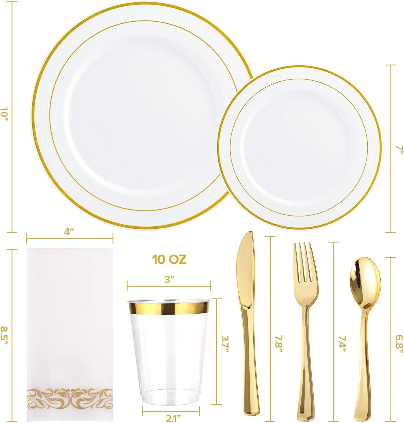 FOCUSLINE 350 Ct Gold Dinnerware Set for 50 Guests - Gold Rimmed White Disposable Plastic Plates, Includes 50 Dinner & Salad Plates, Cups, Cutlery Set for Wedding Parties