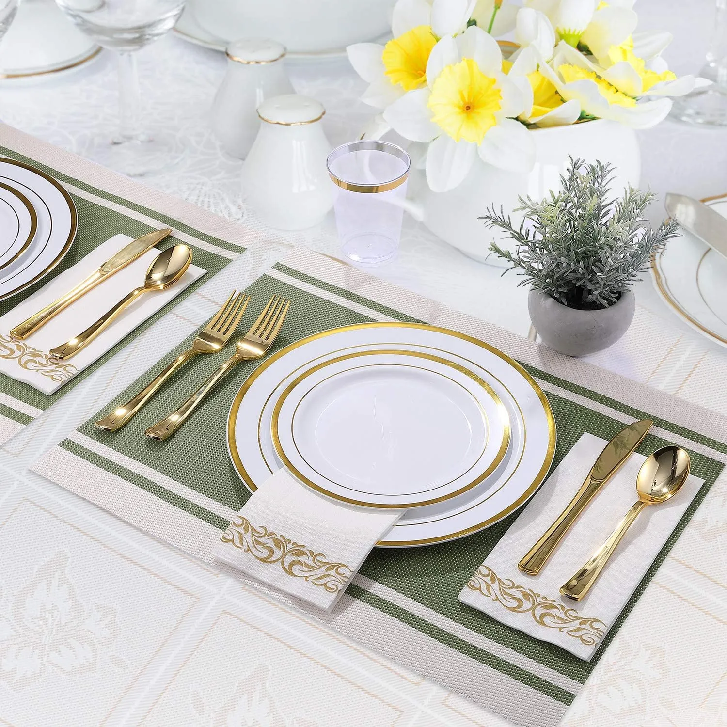 FOCUSLINE 350 Ct Gold Dinnerware Set for 50 Guests - Gold Rimmed White Disposable Plastic Plates, Includes 50 Dinner & Salad Plates, Cups, Cutlery Set for Wedding Parties