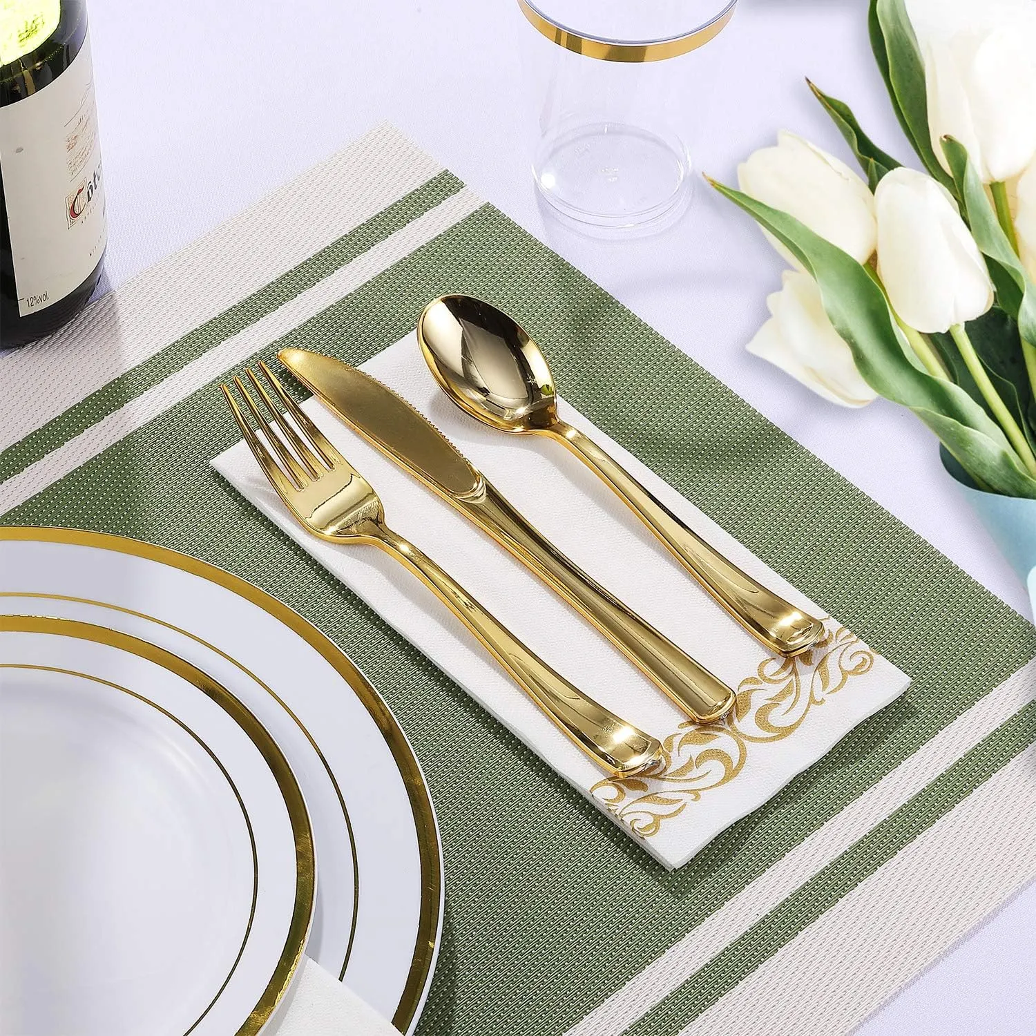 FOCUSLINE 350 Ct Gold Dinnerware Set for 50 Guests - Gold Rimmed White Disposable Plastic Plates, Includes 50 Dinner & Salad Plates, Cups, Cutlery Set for Wedding Parties