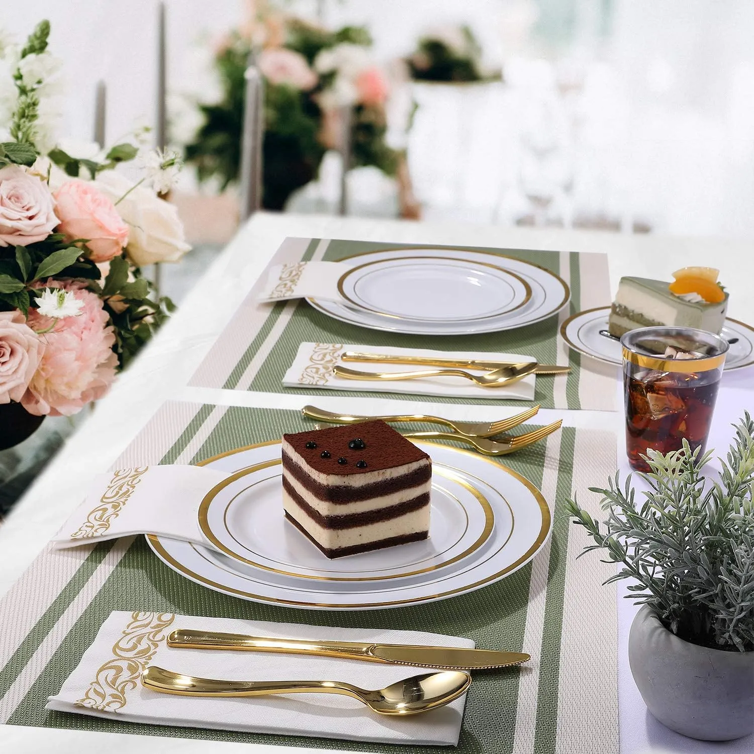FOCUSLINE 350 Ct Gold Dinnerware Set for 50 Guests - Gold Rimmed White Disposable Plastic Plates, Includes 50 Dinner & Salad Plates, Cups, Cutlery Set for Wedding Parties