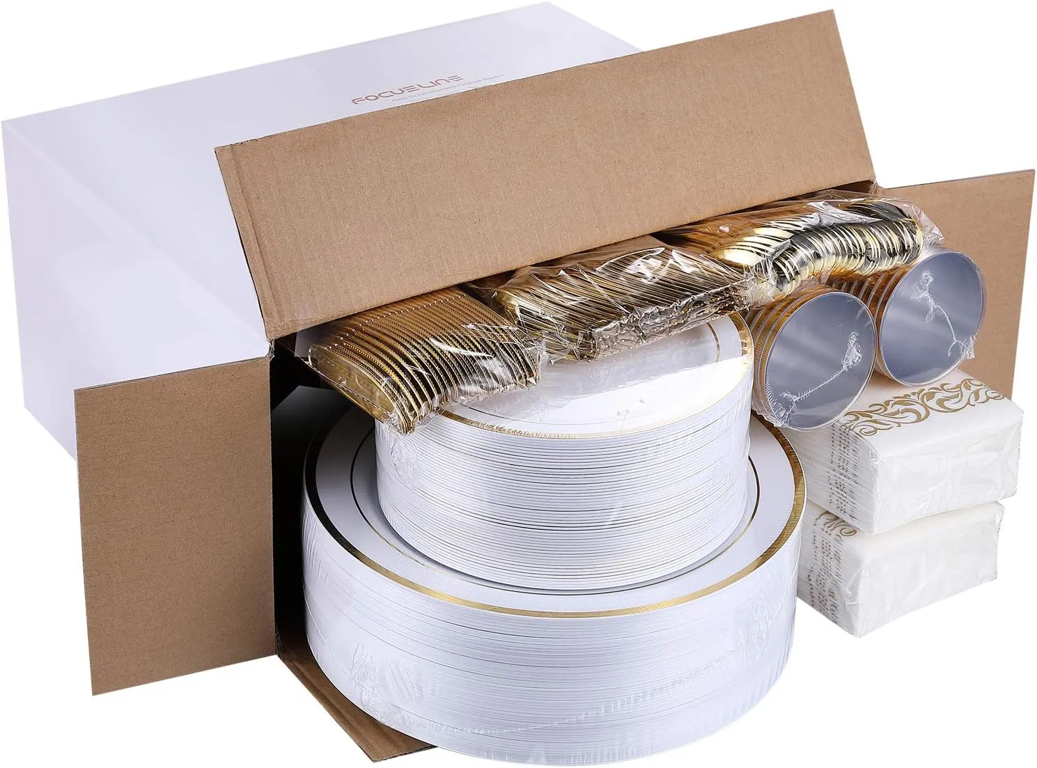 FOCUSLINE 350 Ct Gold Dinnerware Set for 50 Guests - Gold Rimmed White Disposable Plastic Plates, Includes 50 Dinner & Salad Plates, Cups, Cutlery Set for Wedding Parties