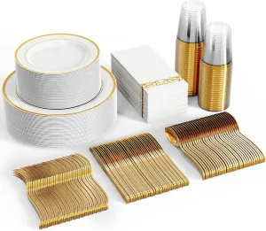 FOCUSLINE 350 Ct Gold Dinnerware Set for 50 Guests - Gold Rimmed White Disposable Plastic Plates, Includes 50 Dinner & Salad Plates, Cups, Cutlery Set for Wedding Parties