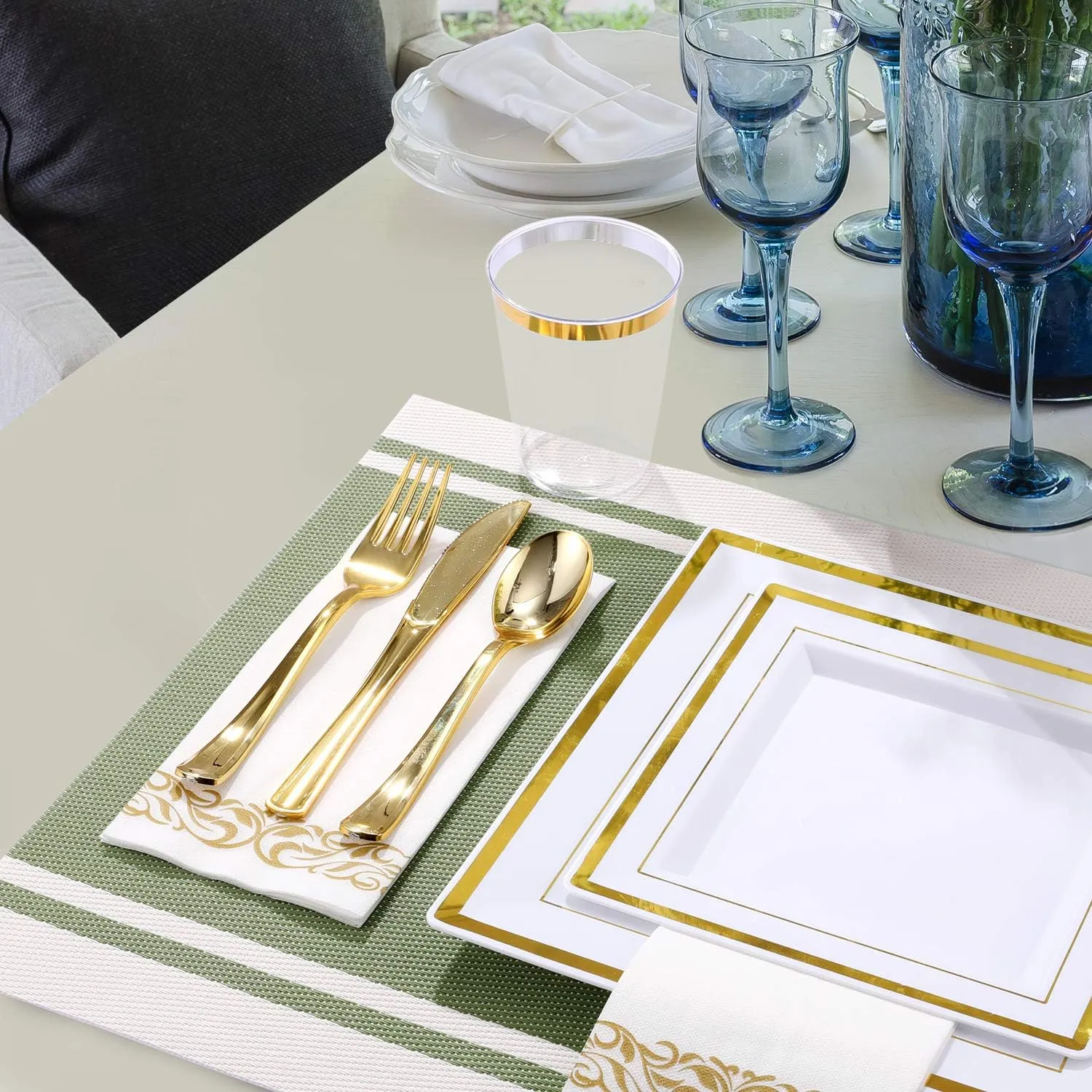 FOCUSLINE 350 Ct Gold Dinnerware Set for 50 Guests - Square Gold Rimmed White Disposable Plastic Plates, Includes 50 Dinner & Salad Plates, Cups, Cutlery Set for Wedding Parties