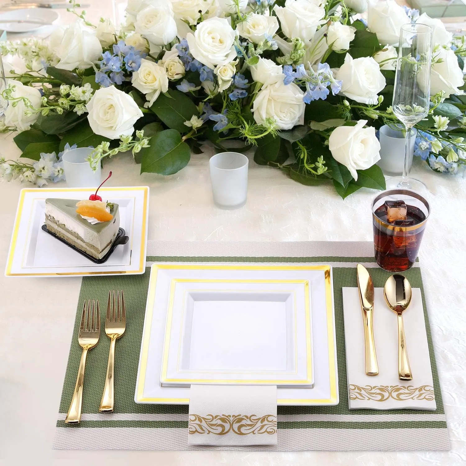FOCUSLINE 350 Ct Gold Dinnerware Set for 50 Guests - Square Gold Rimmed White Disposable Plastic Plates, Includes 50 Dinner & Salad Plates, Cups, Cutlery Set for Wedding Parties