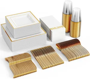 FOCUSLINE 350 Ct Gold Dinnerware Set for 50 Guests - Square Gold Rimmed White Disposable Plastic Plates, Includes 50 Dinner & Salad Plates, Cups, Cutlery Set for Wedding Parties