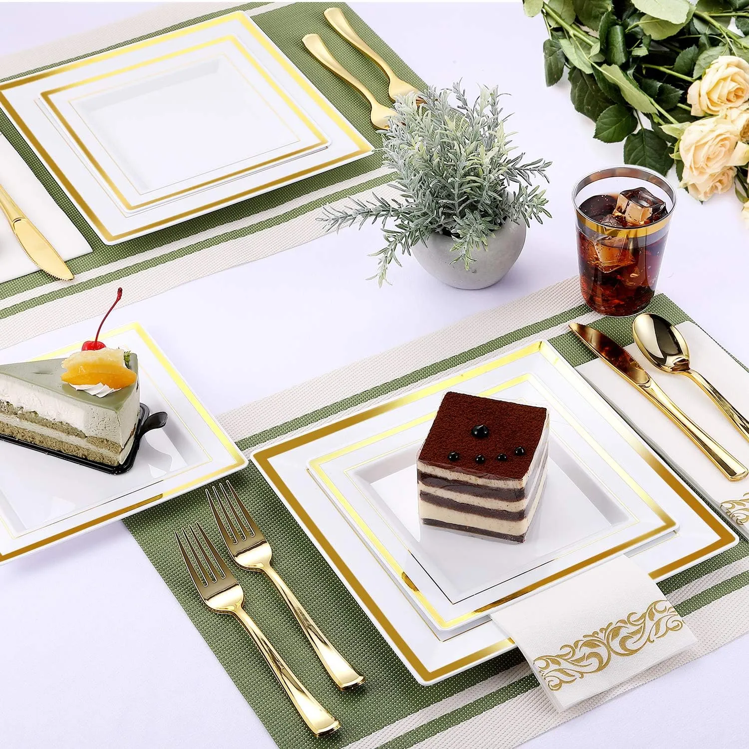 FOCUSLINE 350 Ct Gold Dinnerware Set for 50 Guests - Square Gold Rimmed White Disposable Plastic Plates, Includes 50 Dinner & Salad Plates, Cups, Cutlery Set for Wedding Parties