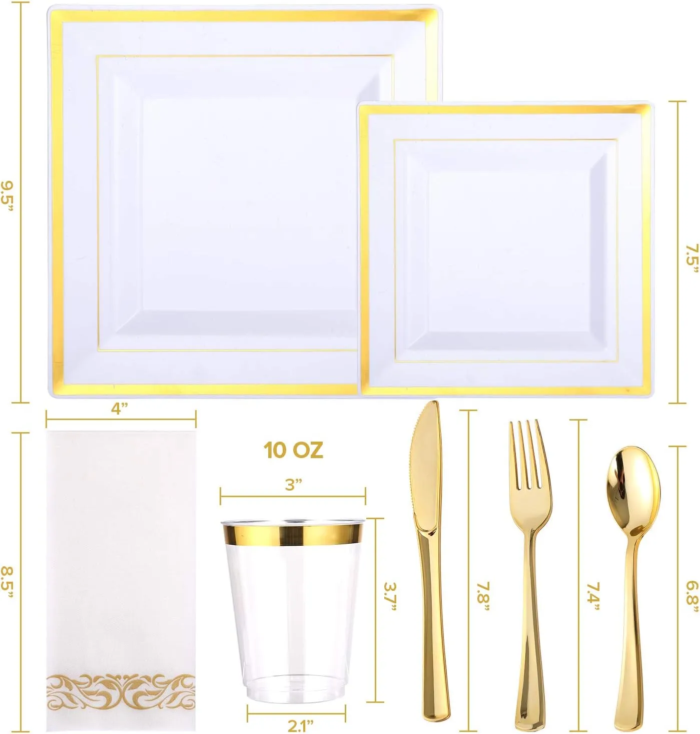 FOCUSLINE 350 Ct Gold Dinnerware Set for 50 Guests - Square Gold Rimmed White Disposable Plastic Plates, Includes 50 Dinner & Salad Plates, Cups, Cutlery Set for Wedding Parties