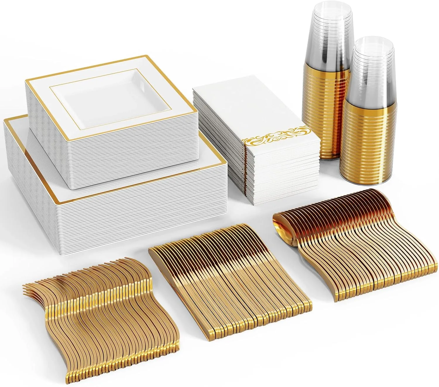 FOCUSLINE 350 Ct Gold Dinnerware Set for 50 Guests - Square Gold Rimmed White Disposable Plastic Plates, Includes 50 Dinner & Salad Plates, Cups, Cutlery Set for Wedding Parties