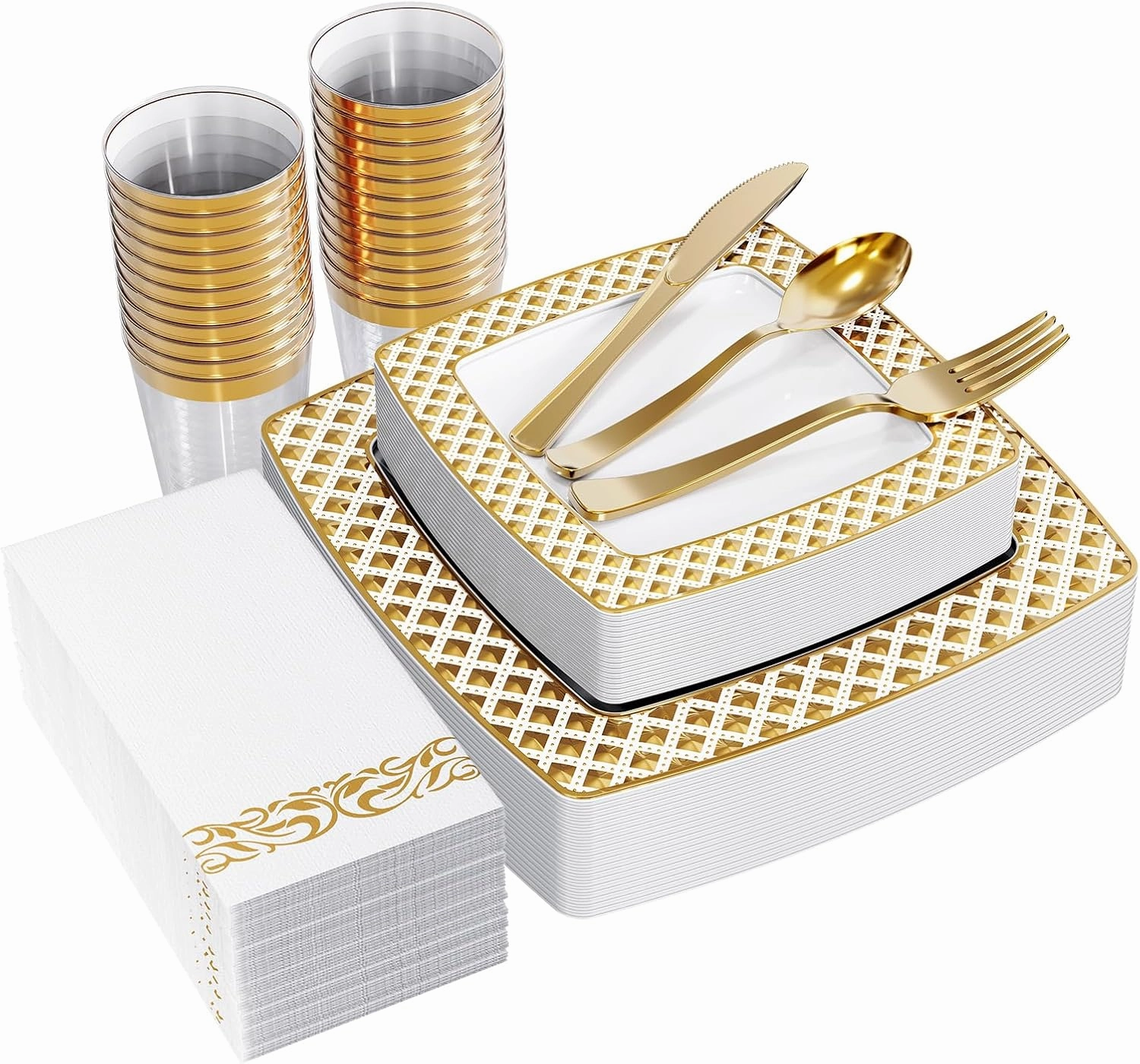 FOCUSLINE 175 Ct Gold Dinnerware Set for 25 Guests - Square Plastic Plates with Diamond Rim, Including 25 Disposable Dinner & Dessert Plates, Napkins, Cups, Cutlery