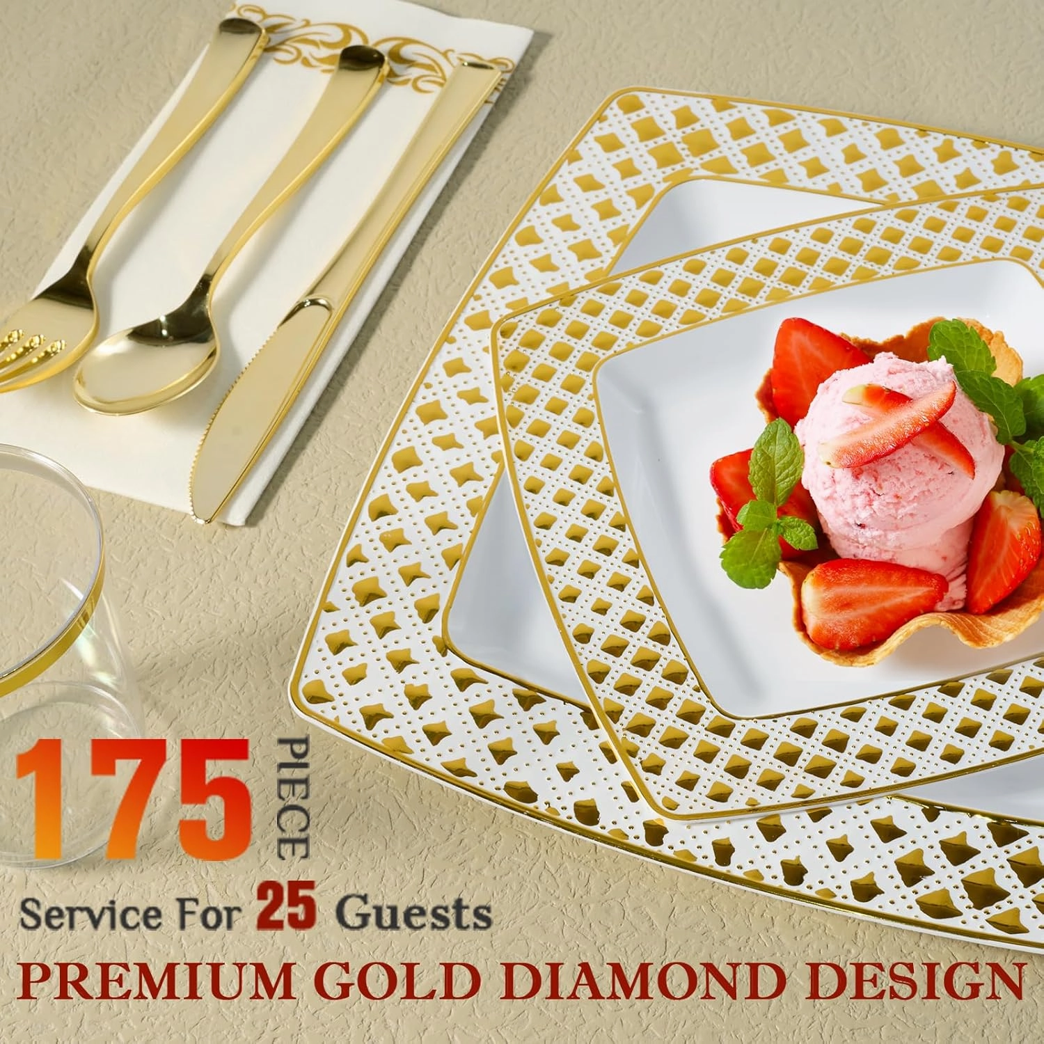 FOCUSLINE 175 Ct Gold Dinnerware Set for 25 Guests - Square Plastic Plates with Diamond Rim, Including 25 Disposable Dinner & Dessert Plates, Napkins, Cups, Cutlery